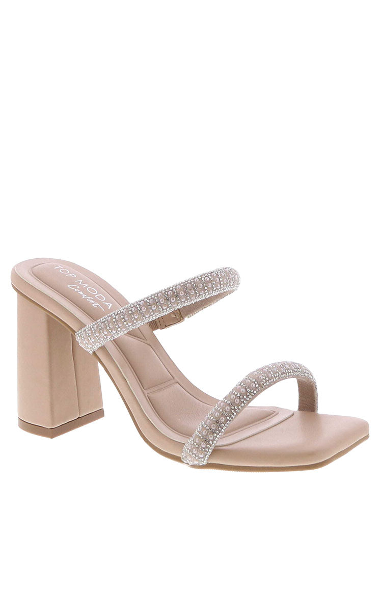 A pair of nude diamante block heels with a clear heel and strappy design for formal events.