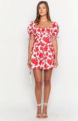 Danyal Red Anemone Floral Print Mini Dress