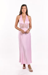 Divandi Pink Lace Halter Neck Formal Maxi Dress