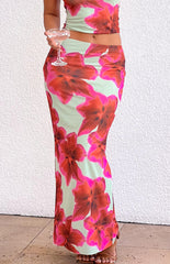 green and pink mesh floral maxi skirt on model