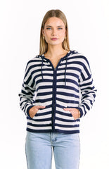 zip-up hoodie with navy blue and white horizontal stripes