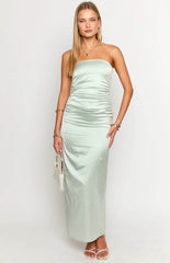 Sage Bloom Satin Strapless Maxi Dress