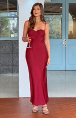 Red maxi dress with lace detailing worn on brunette model