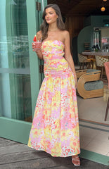 yellow and pink floral print strapless maxi dress