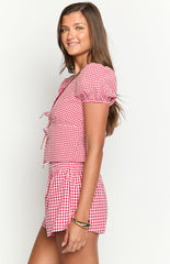 Wednesday Red Gingham Puff Sleeve Tie Top