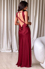 wine coloured satin formal maxi dress with open back design