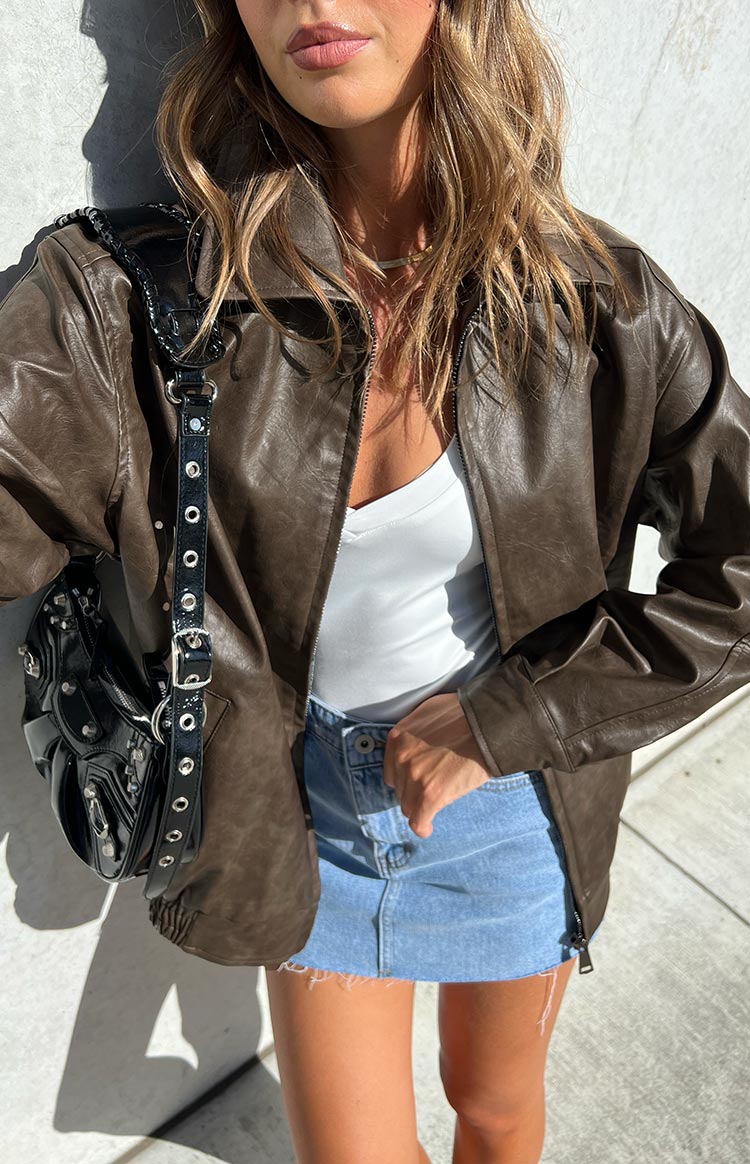 Abbi brown faux leather oversized bomber jacket.