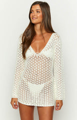 Alessia White Crochet Knit Long Sleeve Mini Dress