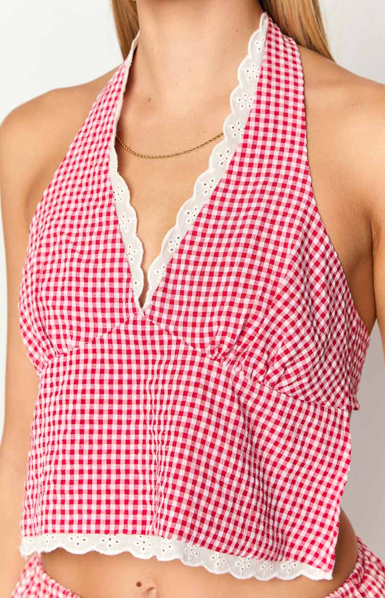 Arnie Red Gingham Broderie Lace Halter Top