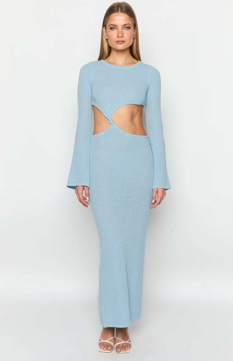 Arya Blue Long Sleeve Knit Maxi Dress