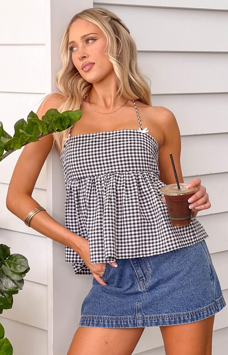 Black gingham halter top with bow detailing and tie up back