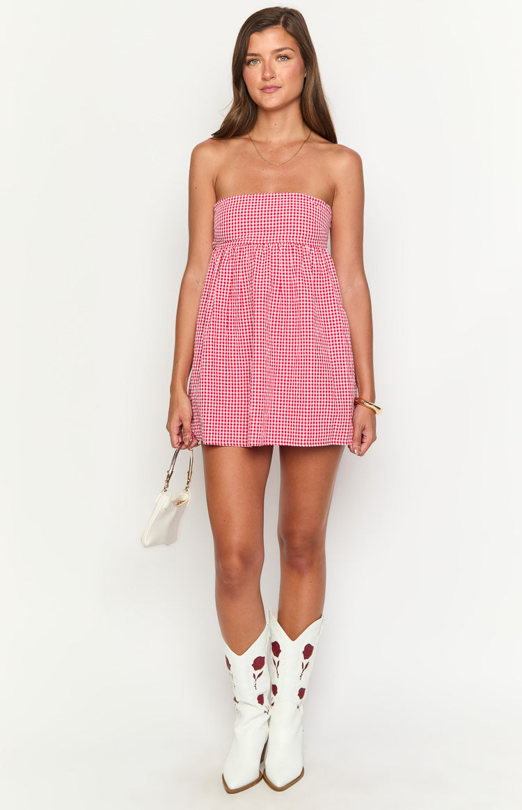 Berrie Red Gingham Strapless Mini Dress