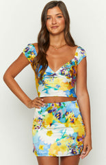 Joanna Blue Floral Satin Mini Skirt