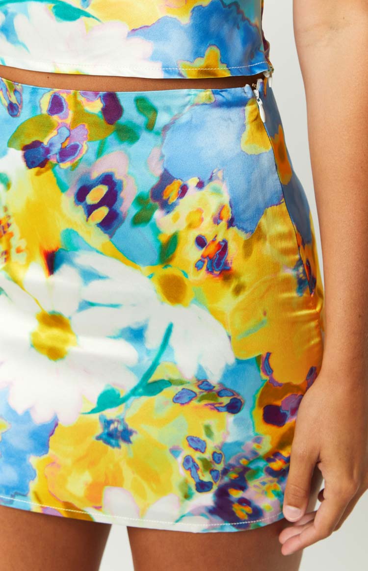 Joanna Blue Floral Satin Mini Skirt