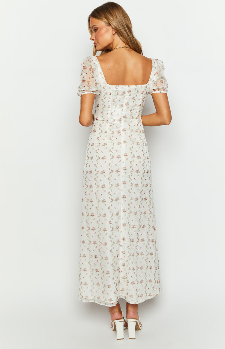 Clydie White Floral Cap Sleeve Midi Dress