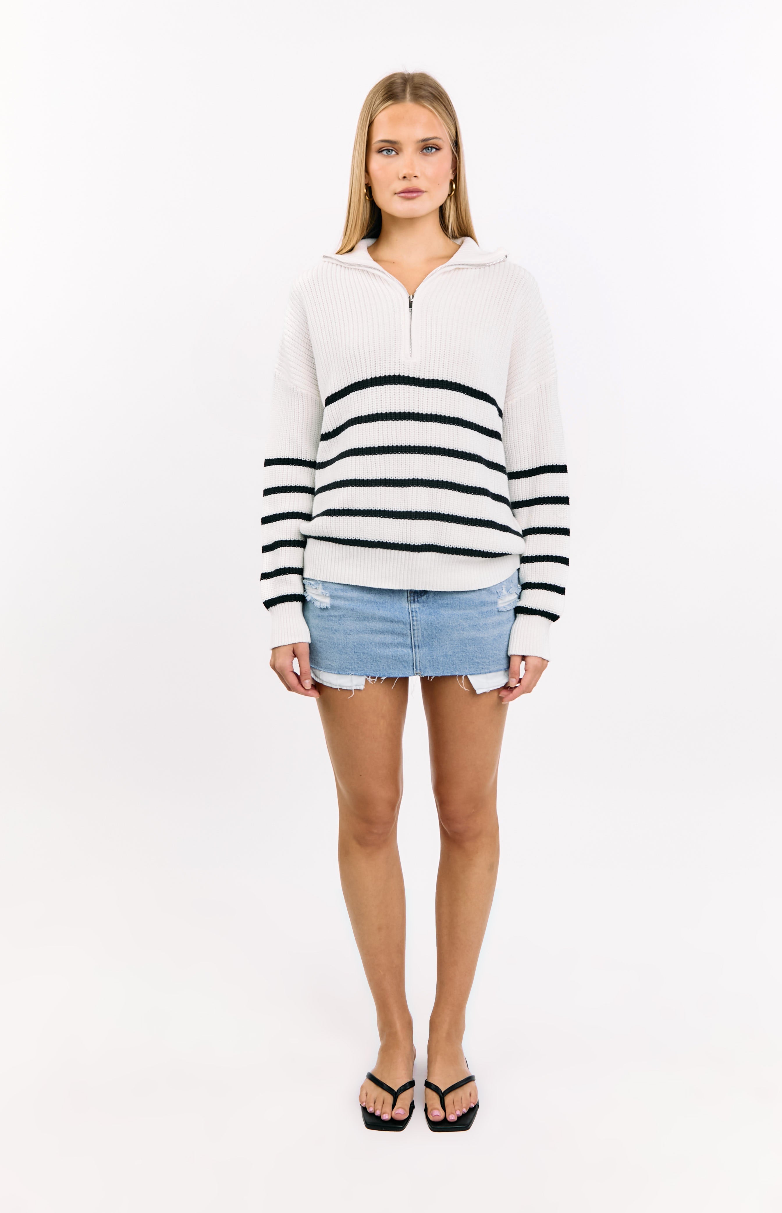 Copenhagen Cream Stripe Quarter Zip Knit Jumper