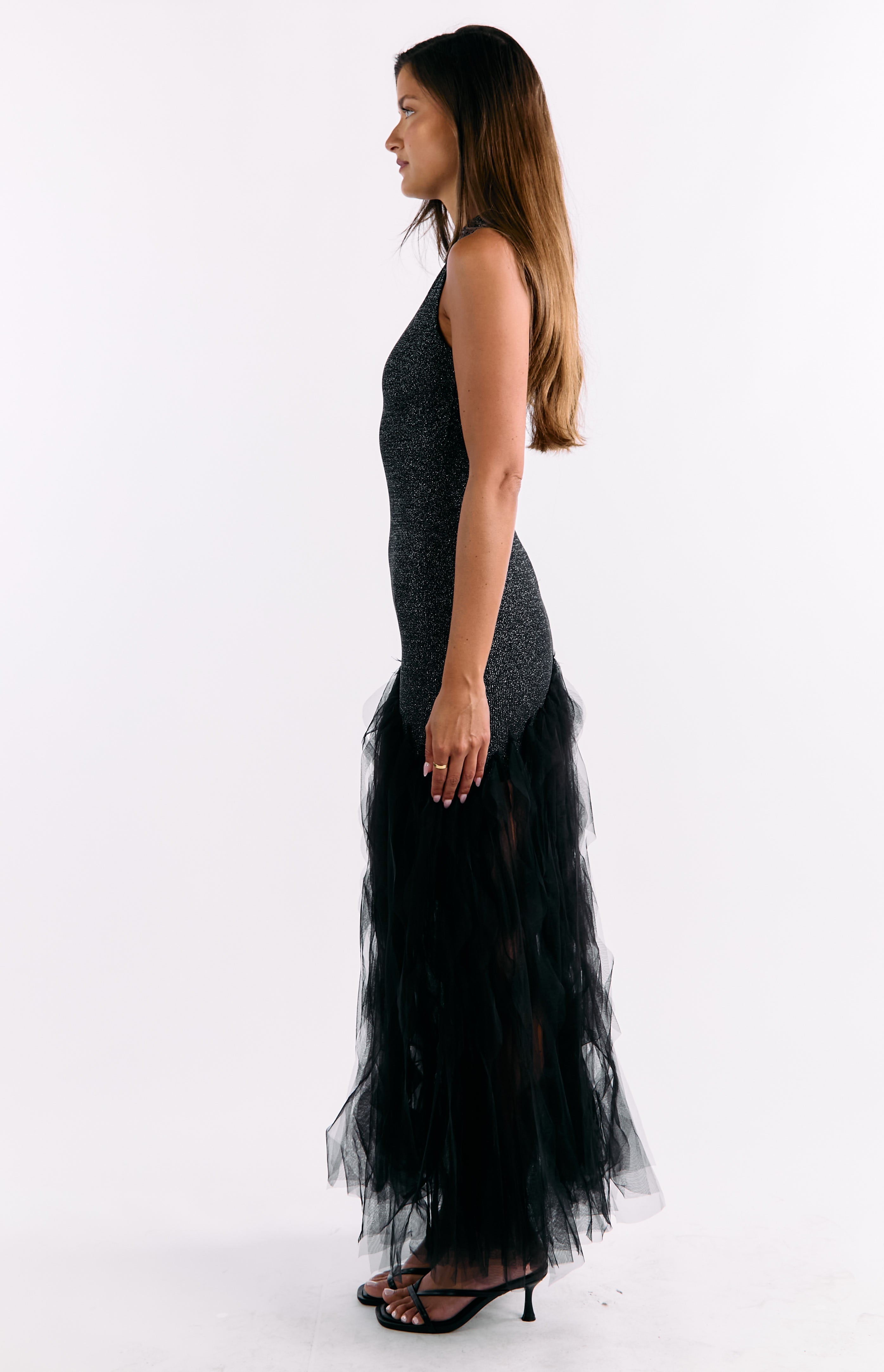 Courtni Black Sequin Ruffle Maxi Dress