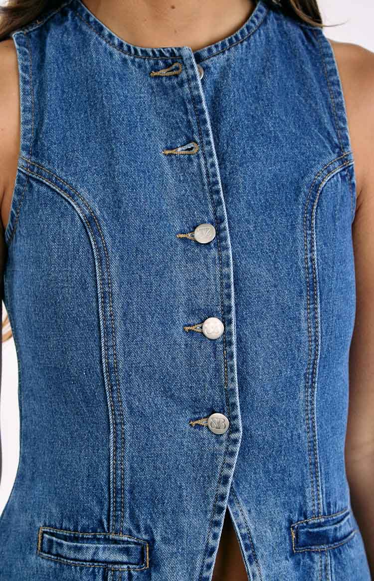 Dawson Mid Wash Denim Button Down Vest Top