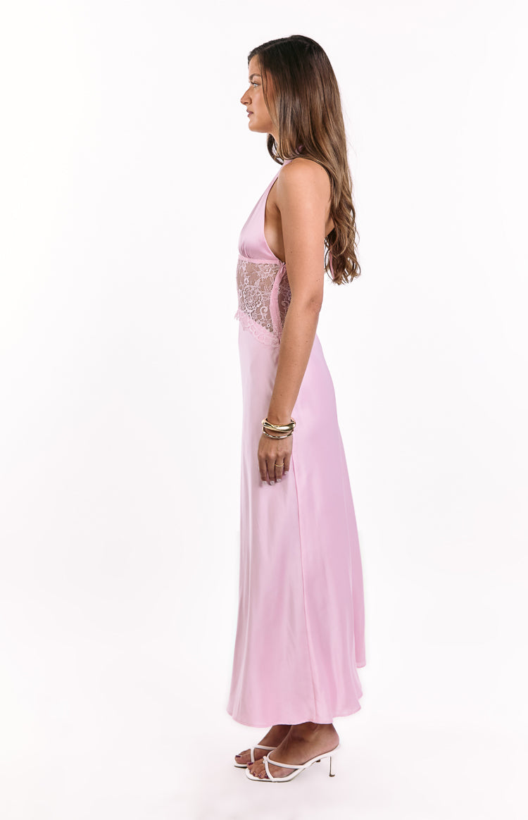 Divandi Pink Lace Halter Neck Formal Maxi Dress