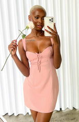 model posing with flower in mirror selfie wearing pink mini dress