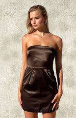Brown satin strapless mini dress worn on blonde model.