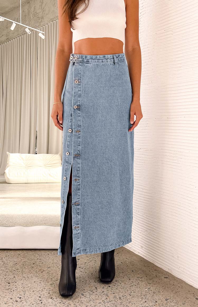Fazio Button Side Denim Maxi Skirt