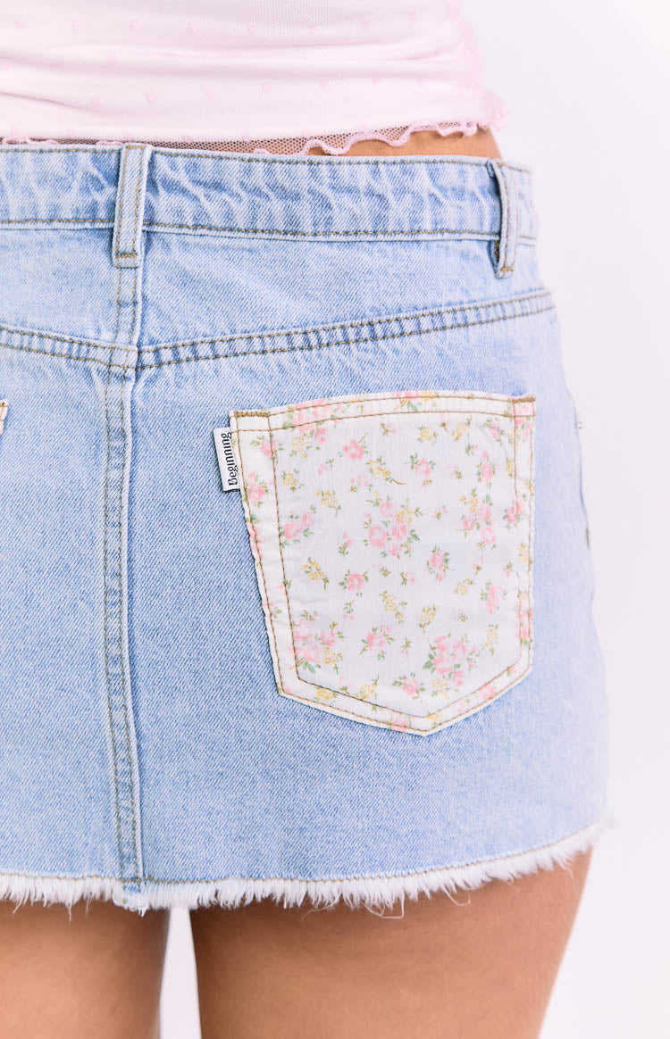 Found Love Floral Light Wash Denim Skirt