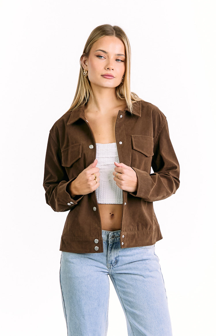 brown suede-like jacket with a boxy fit