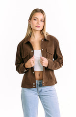 brown suede-like jacket with a boxy fit