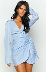 Holly Blue Stripe Tie Up Shirt Mini Dress