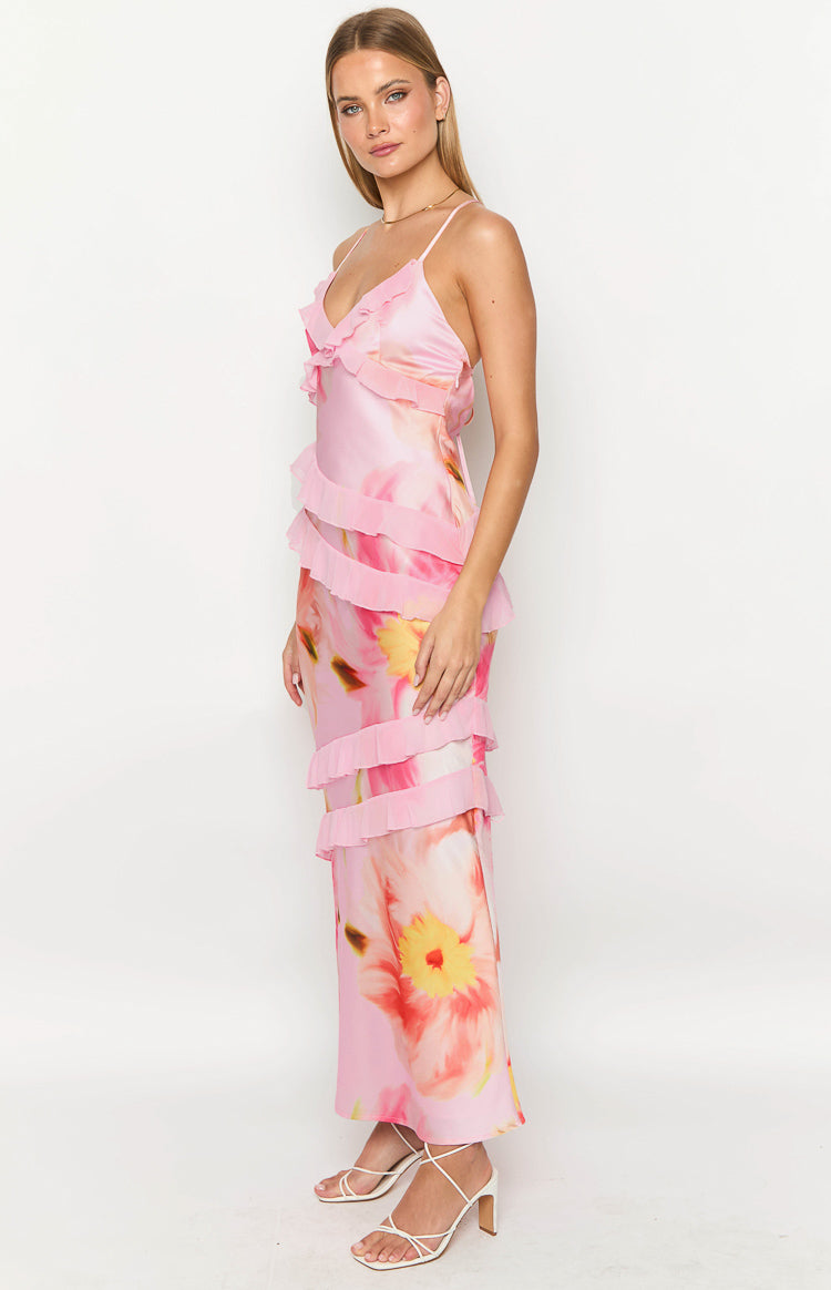 Inara Light Pink Floral Print Ruffle Maxi Dress