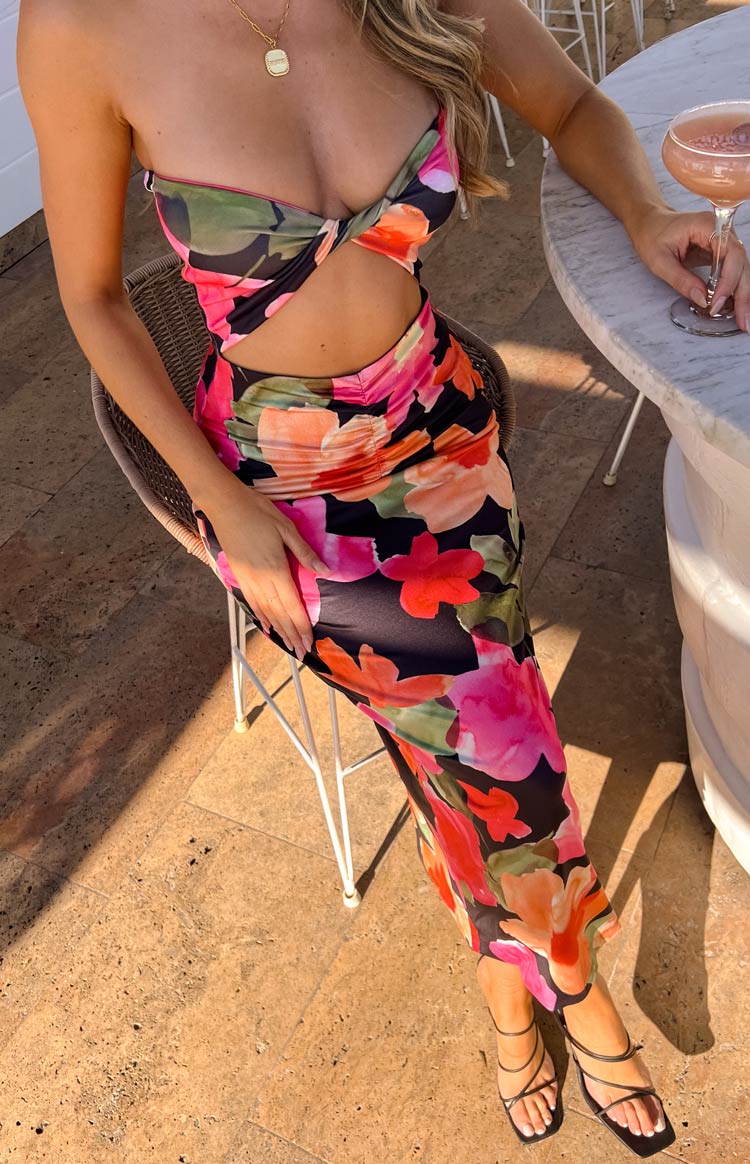 Floral midi dress on blonde model