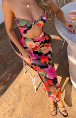 Floral midi dress on blonde model