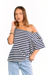 Kaiser Navy Stripe Off Shoulder Oversized Top