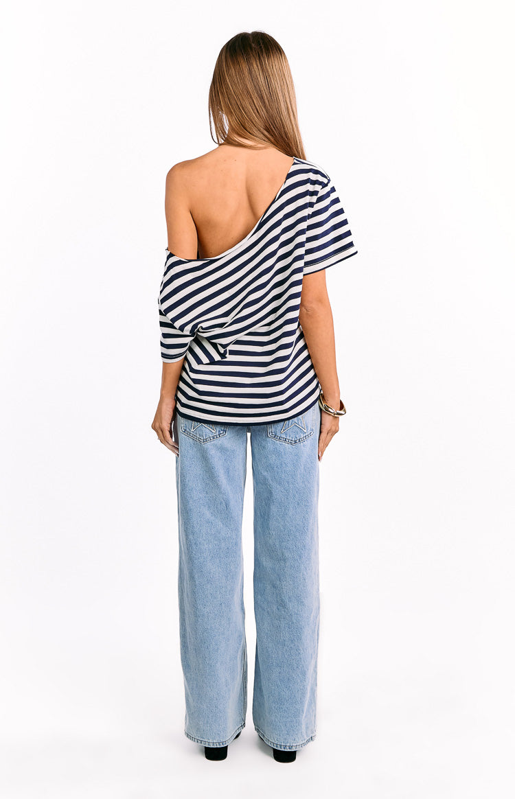 Kaiser Navy Stripe Off Shoulder Oversized Top