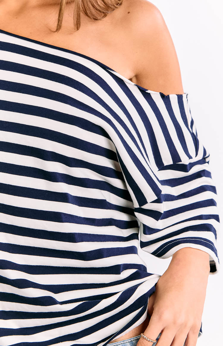 Kaiser Navy Stripe Off Shoulder Oversized Top