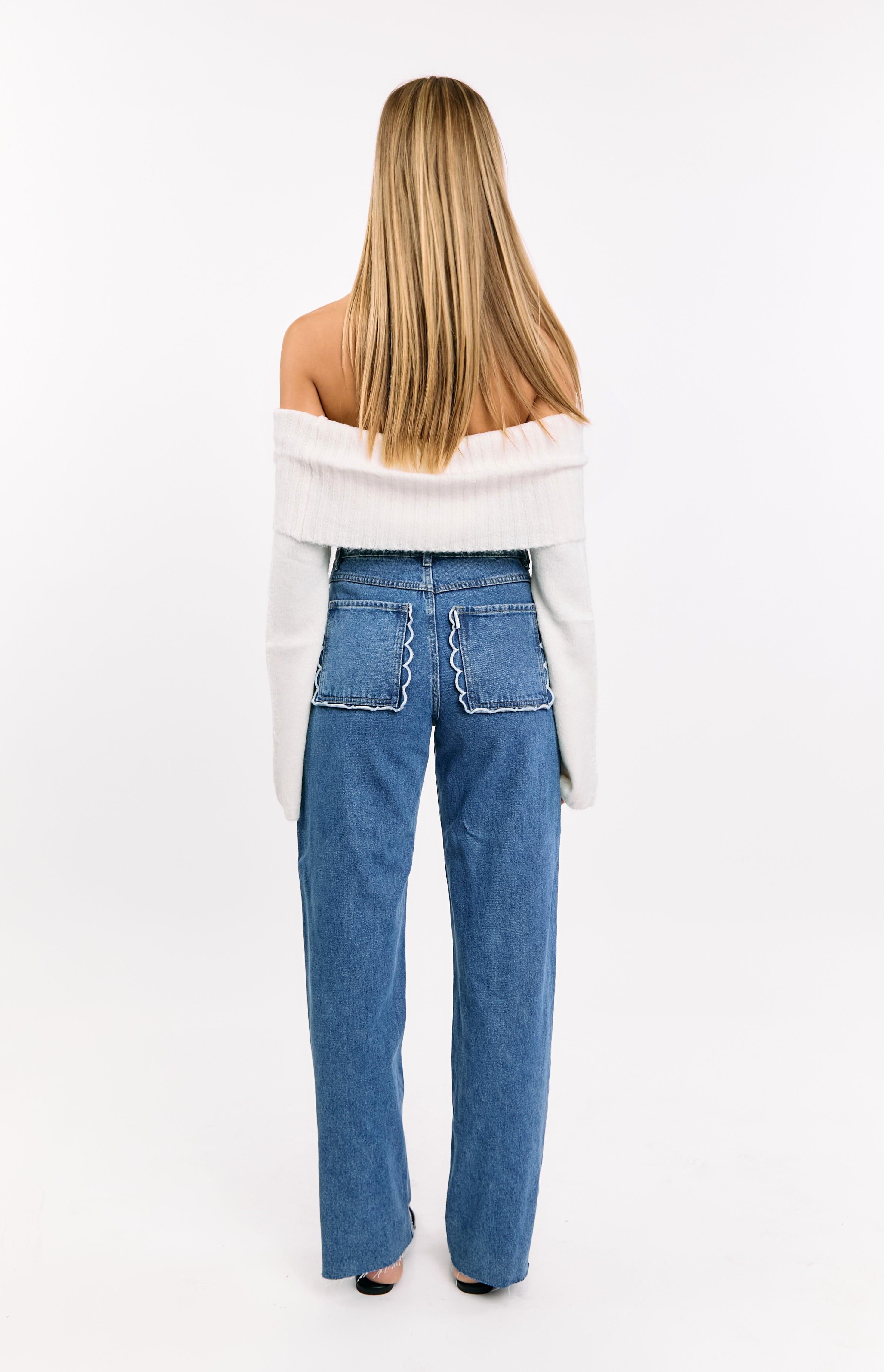 Kansis Mid Wash Scallop Pockets Uneven Waist Jeans