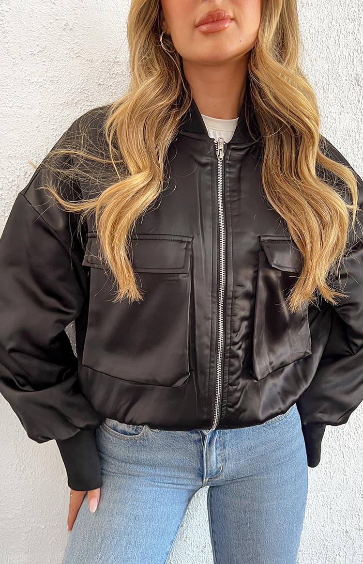 Keziah Black Satin Bomber Jacket