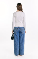 Kippy White Ribbed Knit Button Up Long Sleeve Sweater