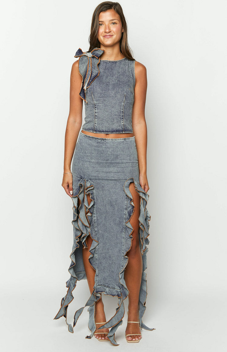 Lioness Rendezvous Faded Denim Maxi Skirt