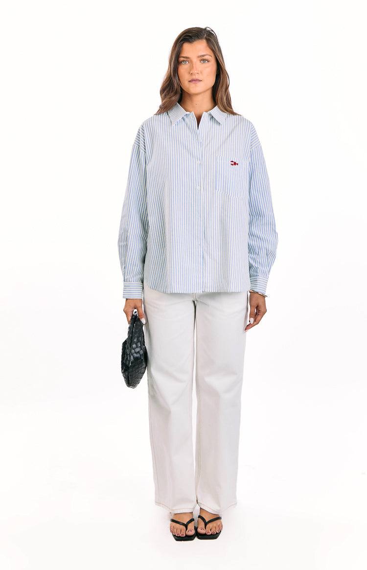 Lola Blue Stripe Embroidered Button Up Shirt