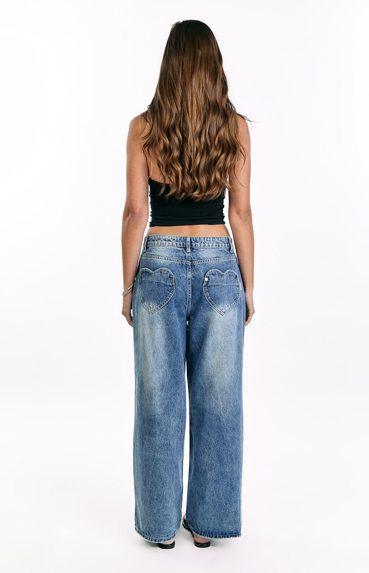 Lovers Lane Mid Wash Denim Heart Pocket Slouchy Jeans