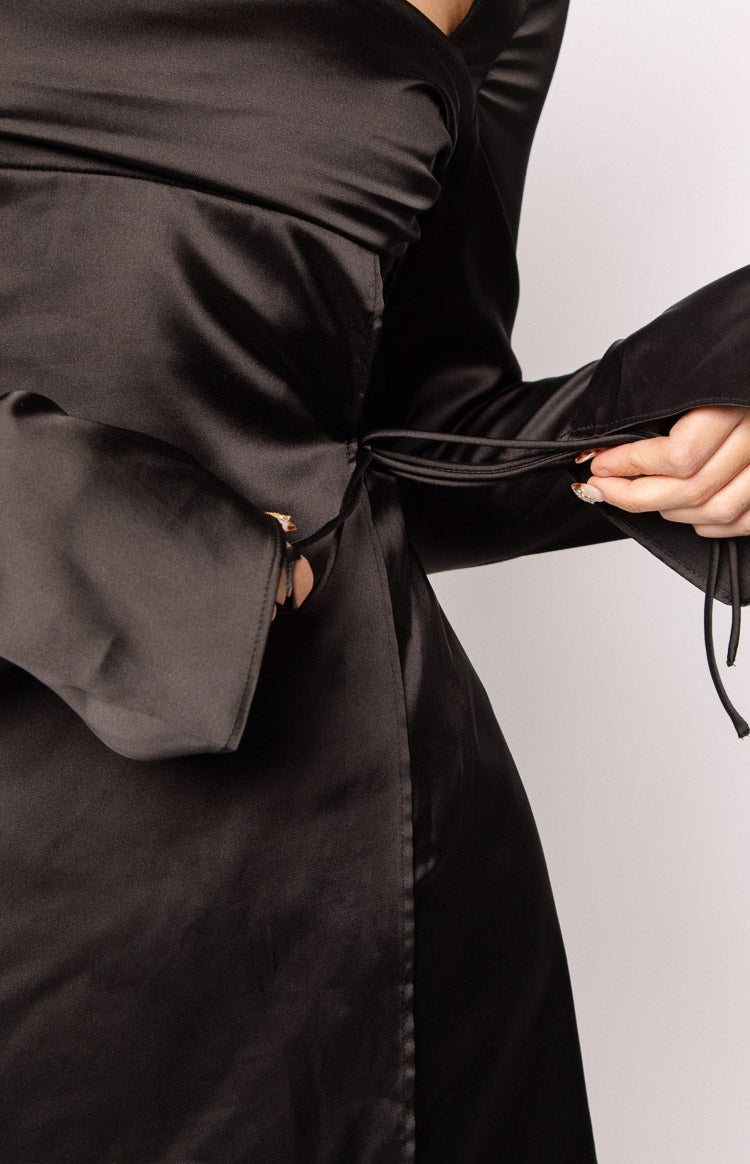 Lucy Black Satin Long Sleeve Mini Dress