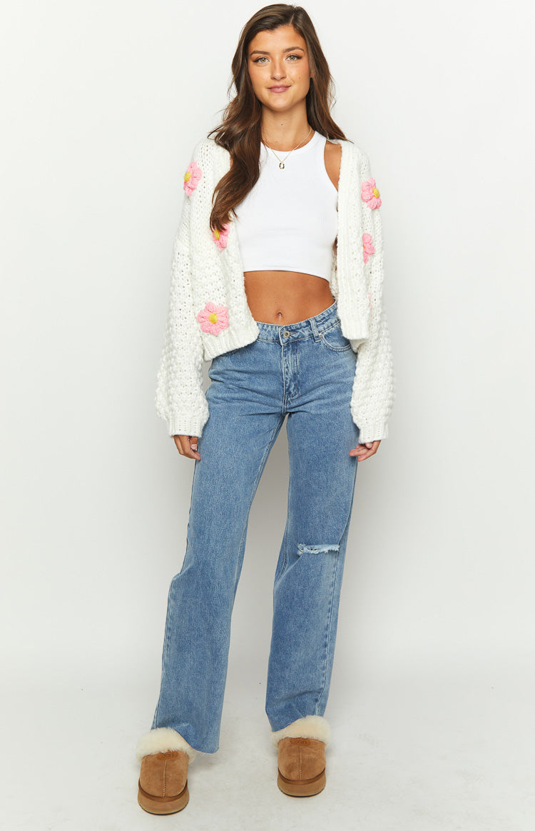 Luella White Flower Knit Cardigan