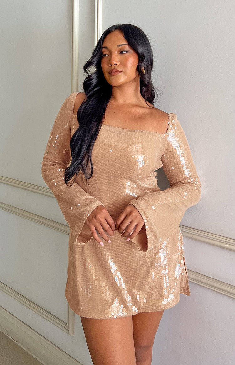 Long-Sleeve Champagne Sequin Mini Dress
