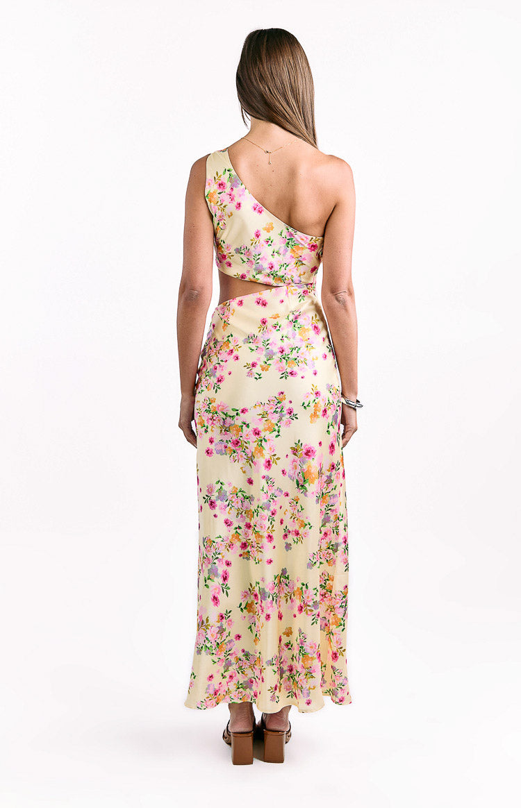 Mellick Yellow Bloom Satin Maxi Dress