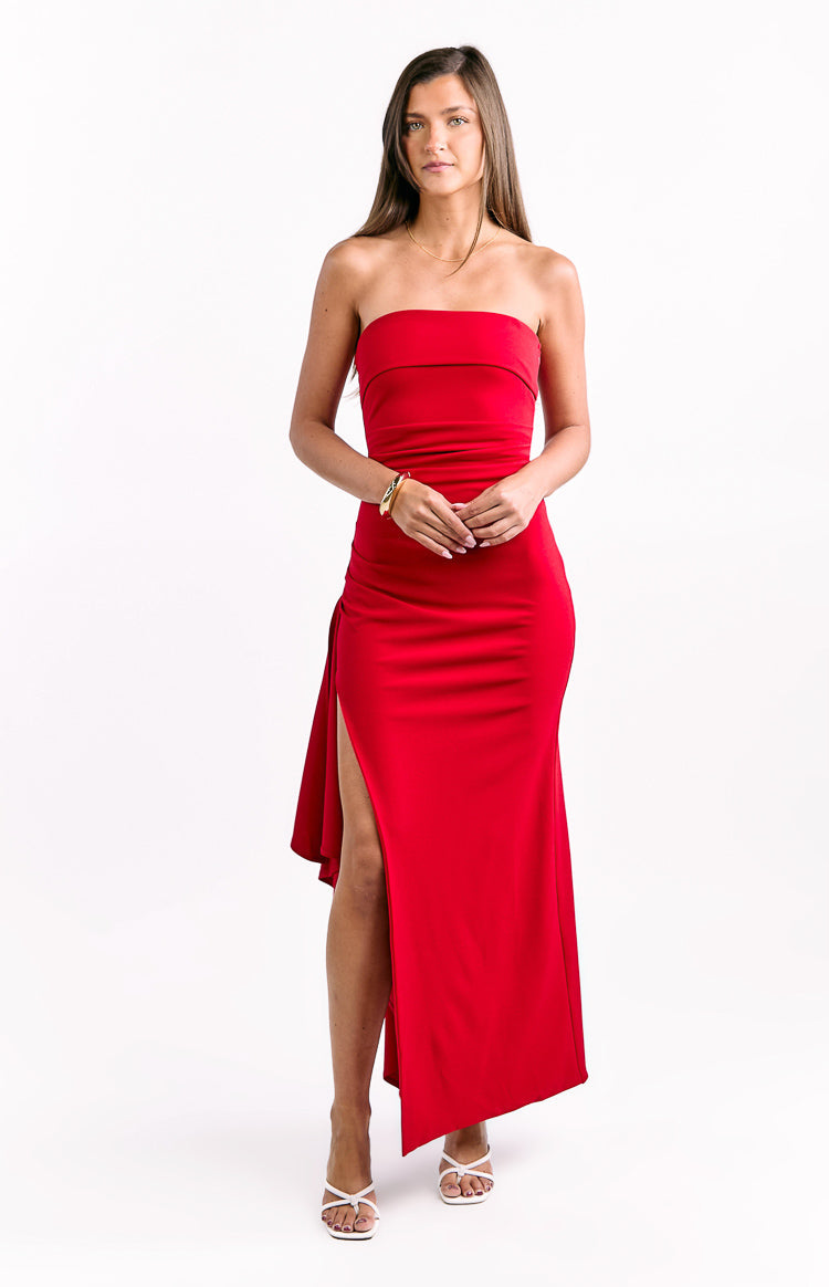 Merlo Red Crepe Strapless Formal Maxi Dress