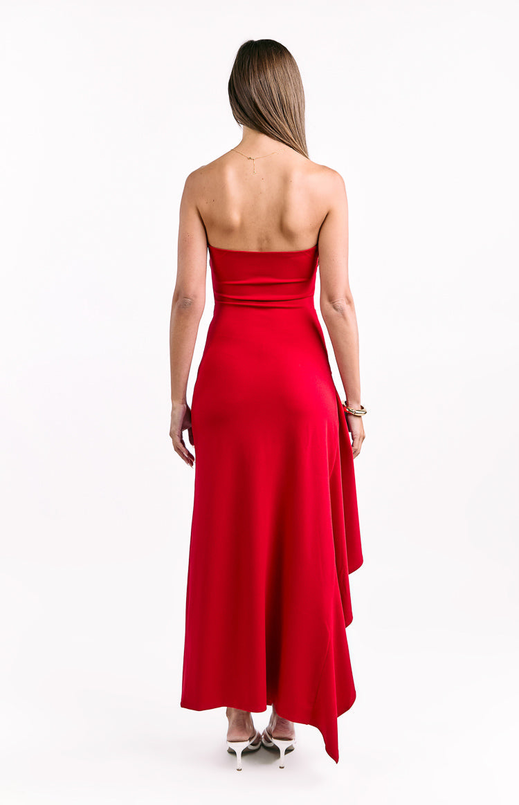 Merlo Red Crepe Strapless Formal Maxi Dress