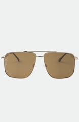 Front view of gold-framed aviator sunglasses with brown tinted lenses.