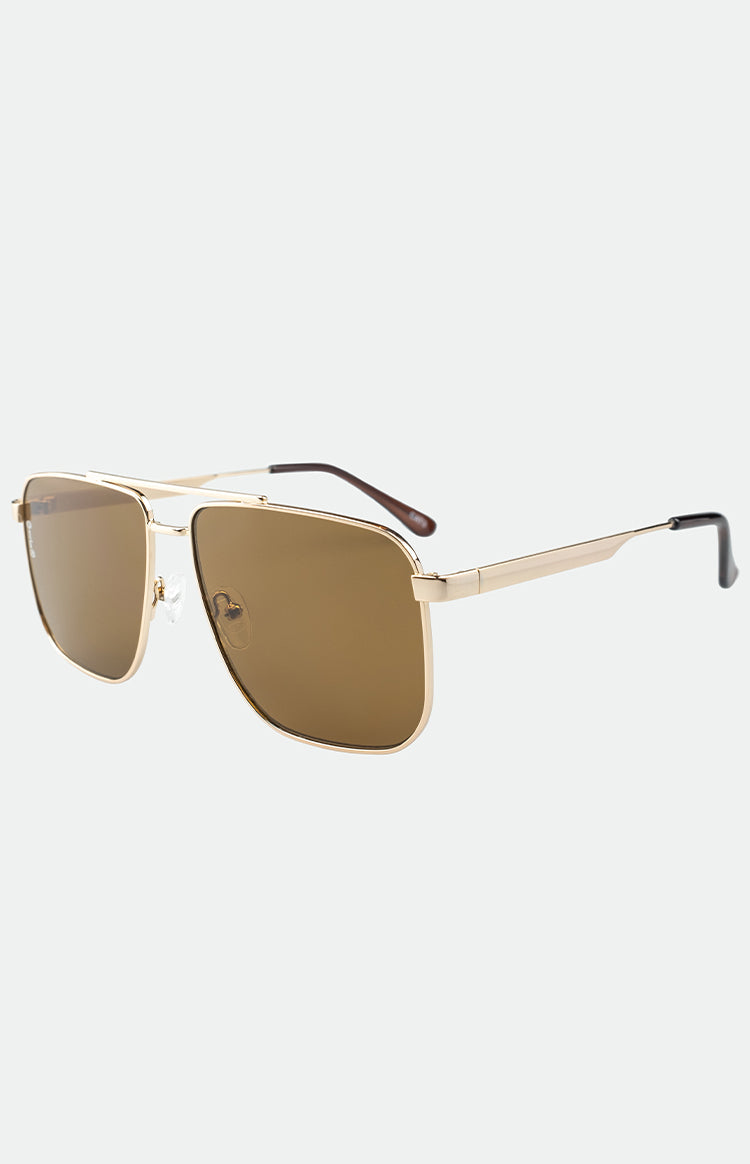 Gold-framed aviator sunglasses with brown tinted lenses.